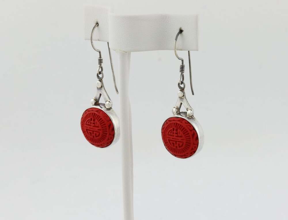 Sterling Silver Sajen Cinnabar Chinese Long Life Earrings Dangle 2 " x 5/8" in - Picture 6 of 8